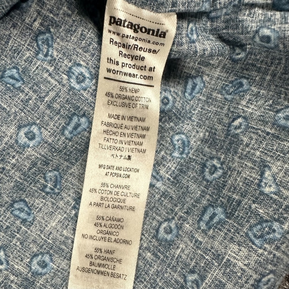 Patagonia Mens AC Shirt Blue Hemp Cotton Short Sleeve Button Down Fish Logo L - Picture 6 of 9